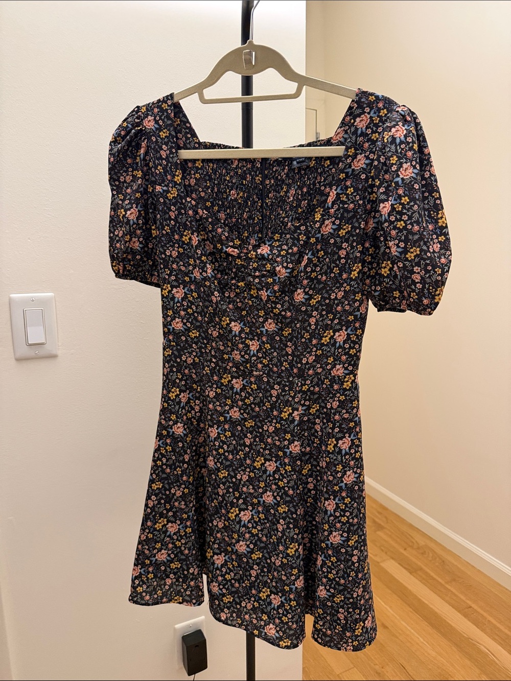 French Connection Black Floral Puff-Sleeve Mini Dress